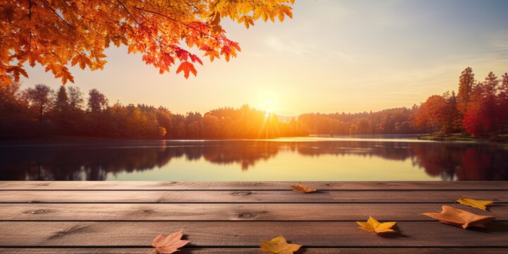 Fall serenity. Tranquil day by lake. Rustic beauty of autumn with wooden table. Sunset glow amidst fall foliage. Lakeside escape