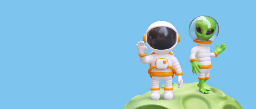 Astronaut and alien in spacesuits are standing on asteroid. Contact with green humanoid. Characters wave friendly. Going into outer space. Horizontal poster on blue background