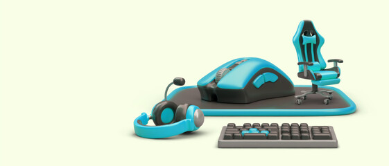 Obraz premium Gamer, streamer, blogger equipment. Computer gadgets. Office workplace. Operator devices. Template with realistic illustration. Place for logo or text, date