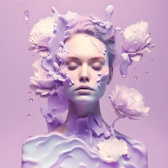 monohrome minimalist portrait of a beautiful woman with purple flowers and water drops