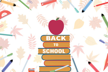 School supplies are drawn in one line on a background with autumn leaves. Back to school. Vector illustration.