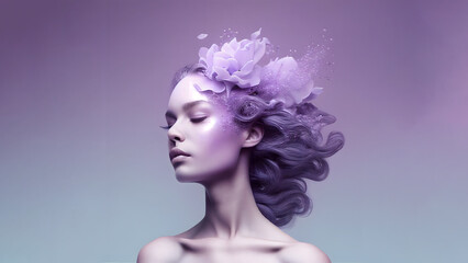 monohrome minimalist portrait of a beautiful woman with purple flowers
