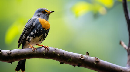 colorful bird on the branch. small black bird with yellow beak