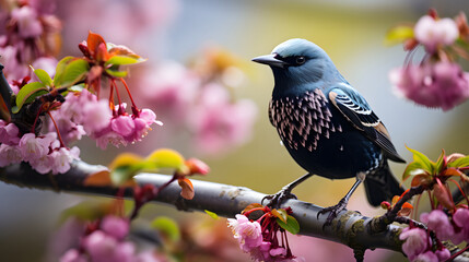 Fototapeta premium colorful bird. European Starling on the branch