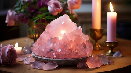An exquisite capture of a delicate rose quartz, radiating a gentle pink glow and embodying love and compassion 