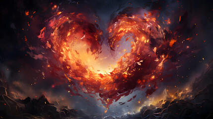 Broken heart with fire and smoke on dark background, ai generated