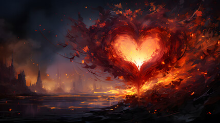 Broken heart with fire and smoke on dark background, ai generated