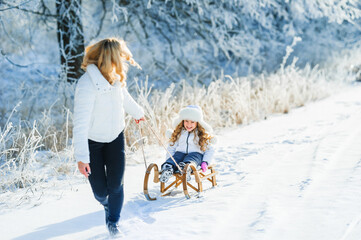 Mother and child have fun together in winter time. Family entertainment on sledding.