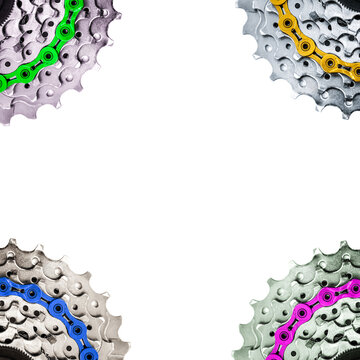 colored bicycle chain with MTB cassette in the corners