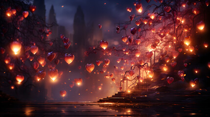 love hearts on a dark background with bokeh lights and particles