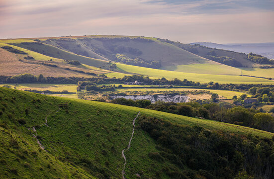 View of the south downs escarpment from Combe Hill Butts Brow looking west to Folkington Hill east Sussex south east England UK