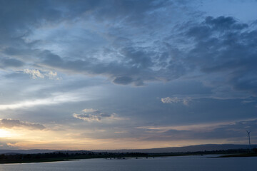 sunset sky background concept view above the horizon Evening sunset sky and morning sunrise. Country house. Empty beautiful sky. Landscape.