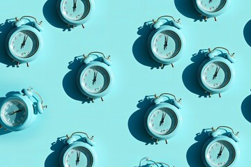 Top view of creative pattern made of blue alarm clocks on a blue background, Generative AI