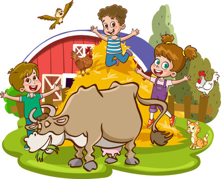 vector illustration of farm animals and kids