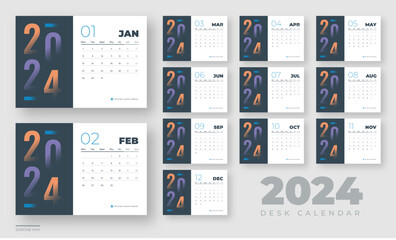 Naklejka na ściany i meble Desk calendar 2024 planner template, corporate desk calendar schedule 2024 monthly planner template