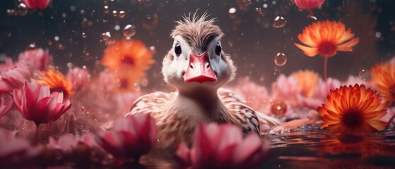 Beautiful duckling swimming in a pond with calm murky water with reflections, surrounded by blooming orange spring flowers - generative AI