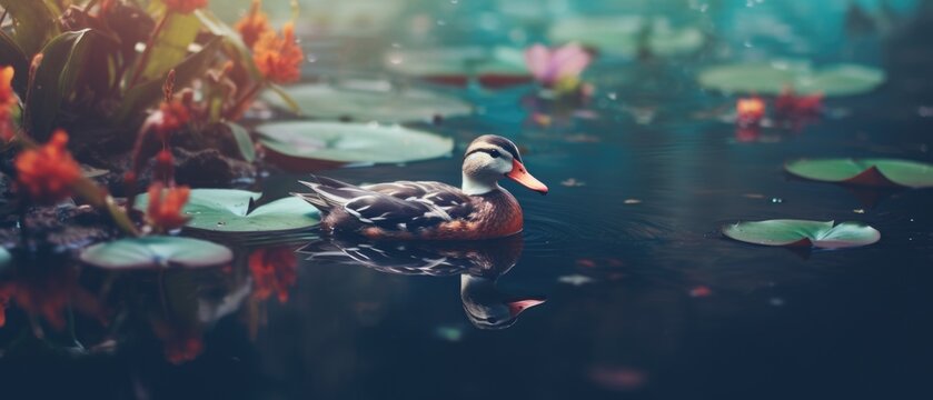 Beautiful solitary duck in a lake murky blue water lake with large green water lily pads and floating flower petals - generative AI