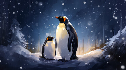 adult and young penguin in the snow
