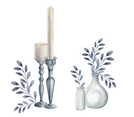 Set of glass jar, vase, candle, candlestick, branch. Watercolor hand drawn clipart isolated on white background. Halloween theme gothic horror witchy. print on the theme of pagan witchcraft, esoterics