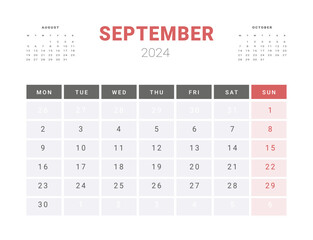 Calendar Template of september 2024. Vector layout simple calendar with week start Monday.