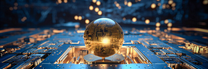 A computer circuit board with a glowing globe on it. Artificial intelligence concept. - obrazy, fototapety, plakaty