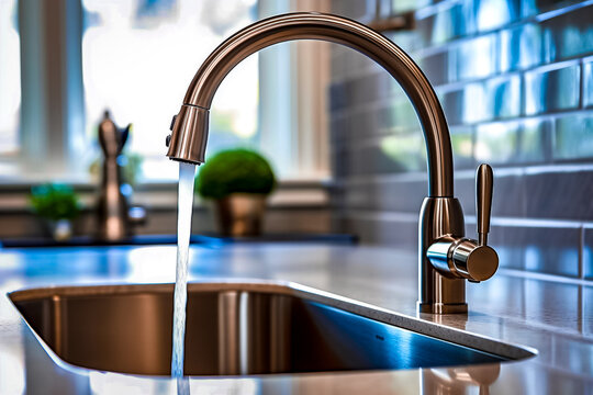 Eau en train de couler du robinet de l'&eacute;vier dans la cuisine