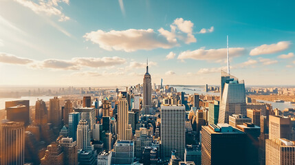 The iconic New York skyline, skyscrapers piercing the sky, the hustle and bustle of the streets below, and the spirit of the city alive.