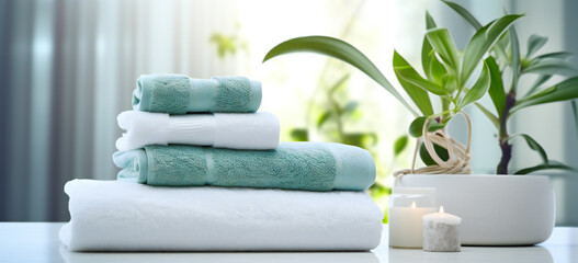 Fototapeta na wymiar Towels and bath elements in a white marble bathroom