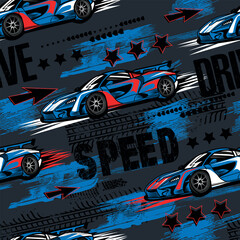 Abstract seamless pattern with sport cars .Bright background with grunge elements for textiles, children's clothes, prints. Pattern for boys © SokolArtStudio
