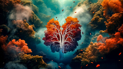 Dans la forêt, forme de poumon en branches d'arbre et de feuilles - La nature est le poumon de la planète  - obrazy, fototapety, plakaty