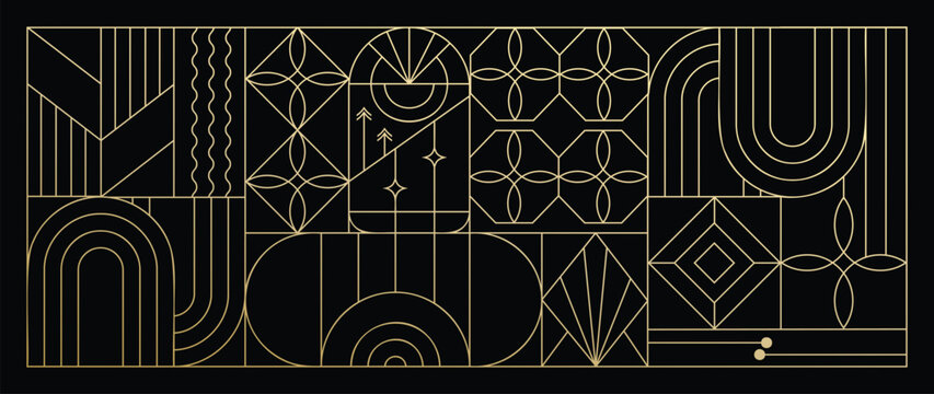 Naklejka Luxury geometric gold line art and art deco background vector. Abstract geometric frame and elegant art nouveau with delicate. Illustration design for invitation, banner, vip, interior, decoration.