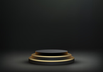 3D realistic empty gold and black cylinder podium stand on dark background modern luxury style