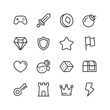 Games, linear style icons set. Game elements for game design, coin, sword, shield, potion, bomb, castle, crown, etc. Magical world, adventure. Magic, weapons, treasures. Editable stroke width