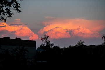 Red overflows in the sky from the sun. Clouds of a red shade in the form of cotton wool. Fluffy clouds illuminated by a red sunset.