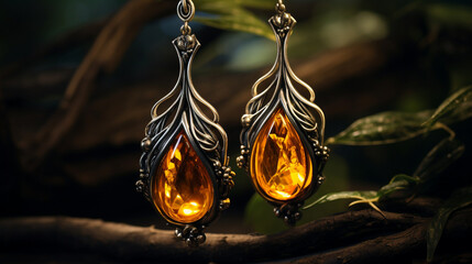 An exquisite shot of a pair of amber earrings, catching the light to reveal its inner glow and unique characteristics 