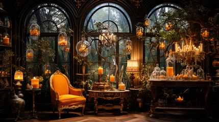Fototapeta na wymiar A breathtaking view of a room adorned with amber decorations, from intricately designed lamps to ornate vases, evoking warmth and elegance 