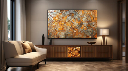 An exquisite image of an amber mosaic artwork, where each carefully placed piece brings to life a captivating scene or pattern 