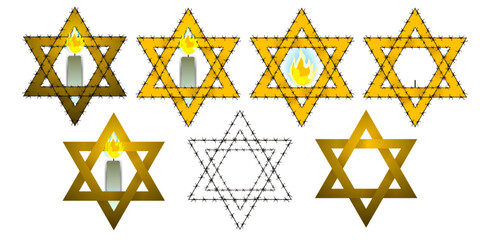 
Set of Holocaust Remembrance Symbols. Star of David Icons for holocaust memorial theme isolated on white. Burning Candle, barbed wire. Vector Illustration.