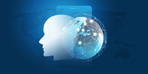 Futuristic Blue Machine Learning, Artificial Intelligence, Cloud Computing, Automated Support Assistance and Networks Design Concept - 3D Robot or Human Face Silhouette, Earth Globe and Mobile Phone