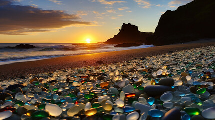 Glass Beach in Fort Bragg, Sonoma Coast in California. Imagination by Generative AI. - obrazy, fototapety, plakaty