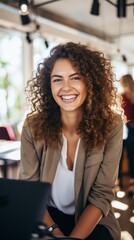 Fototapeta premium Happy woman recording a podcast in a bright office. Generative AI