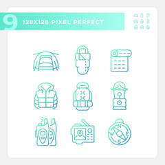 2D pixel perfect gradient icons set representing hiking gear, green isolated thin line illustration.