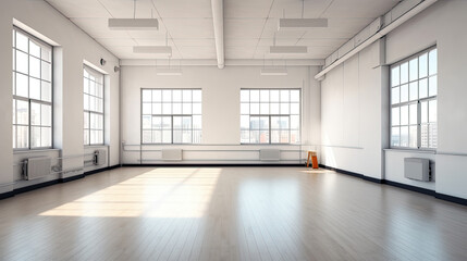 Fototapeta premium Minimal style interior room with white wall. dance hall, office space