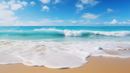 Soft blue ocean wave on clean sandy beach, crashing waves on the shoreline, tropical beach surf Generative AI
