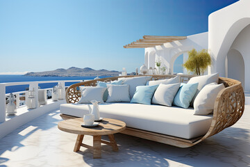 Fototapeta premium Summer vacation at poolside. Veranda decorated with deck chairs and umbrella with an ocean view