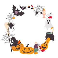 Obraz na płótnie Canvas Vector Halloween wreath with witch hat, broom, cauldron, Jack latern, pumpkin, web, spider, ghost, candle, poison, bat.