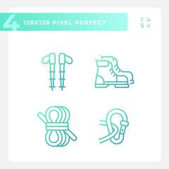 2D pixel perfect gradient icons set representing hiking gear, green isolated thin linear illustration.
