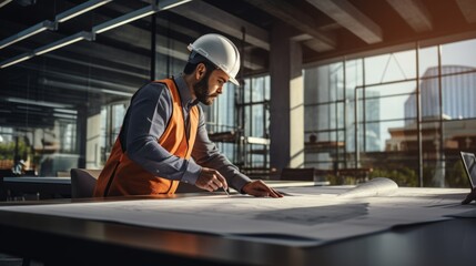 Male construction engineer is working indoors. Beautiful illustration picture. Generative AI