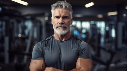 Obraz premium Mature fitness coach in the gym. Beautiful illustration picture. Generative AI