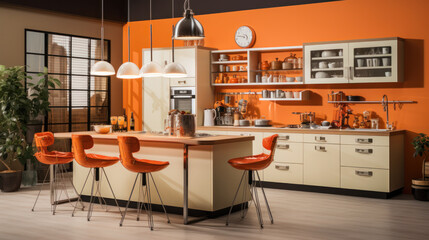 Yellow Glance Kitchen interior in modern style with light worktop with kitchen utensils.